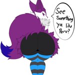 anthro bent_over big_butt black_legs blue_tail_tip butt cheek_tuft chest_tuft clothing dipstick_tail facial_tuft femboy fur leggings legwear looking_at_viewer looking_back male markings pattern_clothing pattern_legwear presenting purple_body purple_eyes purple_fur seducing_viewer seductive simple_background solo striped_clothing striped_legwear stripes tail tail_markings taunting text tuft white_arms white_background lusterblaze nintendo pokemon nino_(character) braixen canid canine fennec_fox fox generation_6_pokemon mammal pokemon_(species) shiny_pokemon true_fox 1:1 english_text