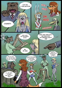anthro blonde_hair blue_eyes butt butt_slap clothing corporal_punishment dialogue female footwear forest group hair high_heels judge judgement male panties plant profanity shoes slap spanking tail text tree underwear whip whipping gesperax bear canid canine canis deer domestic_rabbit dwarf_rabbit fox lagomorph leporid mammal moose new_world_deer oryctolagus rabbit true_fox wolf comic english_text hi_res