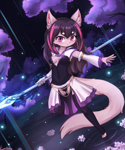anthro biped black_clothing black_hair black_legwear black_leotard black_nose black_stockings bottomwear breasts camel_toe claws cleavage clothed clothing eyebrows female front_view hair holding_melee_weapon holding_object holding_polearm holding_spear holding_weapon inner_ear_fluff legwear leotard long_hair looking_at_viewer medium_breasts melee_weapon night on_one_leg outside pink_body plant polearm pose skirt sky sleeves solo spear standing star starry_sky stockings toe_claws tree tuft weapon white_bottomwear white_clothing white_skirt lumineko mammal unknown_species 2025 5:6