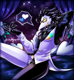 5_fingers bed bed_sheet bedding black_body black_feathers clothed clothing curtains eyewear feathers fingers flower furniture glasses glistening glistening_body heart_symbol male plant pose solo sparkles celestemancer deltarune undertale_(series) swatch_(deltarune) avian darkner swatchling absurd_res hi_res