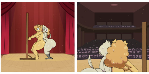 anthro audience big_breasts big_butt blush border breasts butt crowd duo feathers female fur group huge_butt humiliation inside nude public public_nudity stage standing white_border sssonic2 amelia_steelheart brooke_(simplifypm) avian bird canid canine canis domestic_dog mammal comic hi_res