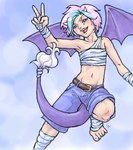 blue_hair bottomwear clothed clothing cloud flying hair male membrane_(anatomy) membranous_wings open_mouth outside pants pink_hair purple_eyes purple_sclera sky skyscape solo tail teeth topless wings calli mythology animal_humanoid dragon dragon_humanoid humanoid mythological_creature mythological_scalie scalie digital_media_(artwork) low_res oekaki