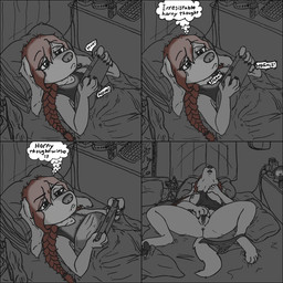 4_panel_comic alarm_clock anthro anus black_border border clock clothed clothing computer_keyboard curling_toes feet female gaming genitals green_eyes hair lying masturbation on_back orgasm_face partially_clothed pattern_clothing pattern_underwear playing_video_game red_hair solo speech_bubble striped_clothing striped_underwear stripes text thought_bubble under_covers underwear vaginal vaginal_masturbation vape vulva toof_snoot steam_deck kodi_(toof_snoot) bird_dog canid canine canis domestic_dog hunting_dog irish_setter mammal setter 1:1 comic english_text