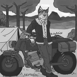 anthro clothing coat countershade_face countershading eyewear eyewear_on_head goggles goggles_on_head leaning_on_vehicle leather leather_clothing leather_coat leather_topwear looking_at_viewer male motorcycle nature plant solo tent topwear tree vehicle ricky_arts felid feline humanoid lynx mammal 1:1 2024 black_and_white monochrome