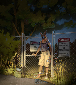 anthro backpack bolt_cutter bottomwear carabiner chain chain-link_fence claws clothing converse_shoes danger_sign facial_piercing fence finger_claws flashlight fur headlamp kerchief key lamp looking_at_viewer male neckerchief neckwear nose_piercing nose_ring outside piercing plant pointy_ears prick_ears ring_piercing shirt shorts solo tan_body tan_fur tank_top text tooth_necklace topwear tree trespassing yellow_eyes goblinpng mythology canid canine mammal mythological_canine mythological_creature werecanid werecanine werecreature werewolf 2025 digital_media_(artwork) english_text hi_res signature