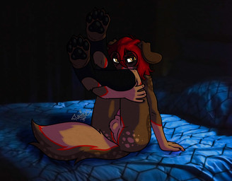 anthro anus ball_tuft balls bed bent_legs black_pawpads blush brown_body clothed clothing covering covering_crotch covering_face covering_penis embarrassed erection eye_bags eyewear floppy_ears footwear fur furniture genitals glasses glowing glowing_eyes gynomorph hair holding_both_legs intersex legs_up on_bed partially_clothed pawpads paws penis red_hair round_glasses shy socks solo stirrup_socks tail text tuft wearing_glasses yellow_eyes vampuppy dani_(vampuppy) canid canine canis domestic_dog mammal vampire absurd_res digital_media_(artwork) hi_res signature trans_(lore) trans_woman_(lore)
