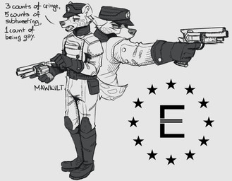 aiming aiming_gun anthro belt belt_buckle belt_pouch boots bottomwear buckle clothing combat_boots dialogue enclave_(fallout) eyebrows footwear gloves gun handwear hat headgear headwear holding_gun holding_object holding_ranged_weapon holding_weapon jacket jacket_vest loading_gun male military military_hat open_mouth pants ranged_weapon shoes soldier solo tail teeth teeth_showing text tongue topwear vest warrior weapon wearing_hat mawkvlt fallout microsoft kolya_yeen_(mawkvlt) hyena mammal english_text hi_res