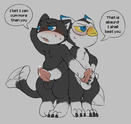 3_toes 4_fingers afterimage anthro anthro_on_anthro balls beak biped black_balls black_body black_claws black_ears black_feathers black_fur black_tail black_text blue_eyes blush blush_lines bodily_fluids claws competitive_sex countershading dialogue dipstick_tail duo erection fangs feathers featureless_chest feet finger_claws fingers fur genital_fluids genitals grey_background grey_balls grey_body grey_fur grey_tail_tip hand_behind_head hand_on_hip hand_on_own_hip handjob interspecies male male/male male_anthro markings mask mask_only motion_lines mouth_closed multicolored_body multicolored_feathers multicolored_fur mutual_masturbation nude nude_anthro nude_male open_mouth penile penis pigeon_toed pink_penis precum pupils sex shortstack shortstack_male simple_background slit_pupils speech_bubble standing tail tail_feathers tail_markings tail_motion tailwag talking_to_another talking_to_partner tapering_penis teeth text toe_claws toes two_tone_body two_tone_feathers two_tone_fur two_tone_tail white_background white_balls white_body white_feathers white_inner_ear yellow_beak yellow_sclera miau atlus megami_tensei persona_(series) persona_5 sega lufel morgana_(persona) avian bird domestic_cat felid feline felis mammal owl tuxedo_cat 2025 absurd_res english_text hi_res