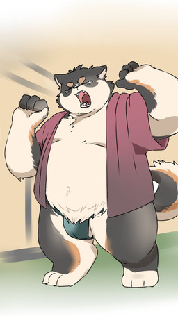 anthro asian_clothing balls barely_visible_balls barely_visible_genitalia belly bodily_fluids clothing east_asian_clothing eyes_closed fundoshi genitals japanese_clothing kemono male moobs navel open_mouth overweight overweight_male solo stretching tears underwear yawn inunoshippo canid canine canis domestic_dog mammal 2026 9:16 hi_res
