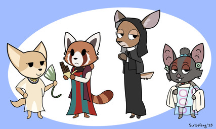 accessory anthro asian_clothing barefoot bodypaint brown_body brown_fur chinese_clothing clothing countershade_face countershading dress ear_piercing ear_ring east_asian_clothing egyptian egyptian_clothing face_paint featureless_feet feet female flower fur gold_(metal) gold_jewelry grey_body grey_fur group habit hands_together historical historical_dress implied_nudity jade_(gem) jewelry lineup lotus_(flower) mayan narrowed_eyes no_irises nun piercing plant plantigrade ring_piercing scarification smile standing tan_body tan_fur toony translucent translucent_clothing usekh veil scribefang aggretsuko sanrio antiw_(scribefang) constance_(scribefang) kob_ek'_(scribefang) qiulian_(scribefang) ailurid bat canid canine deer fennec_fox fox leaf-nosed_bat mammal microbat new_world_deer red_panda roe_deer spectral_bat true_fox yangochiropteran 2025 digital_drawing_(artwork) digital_media_(artwork) hi_res