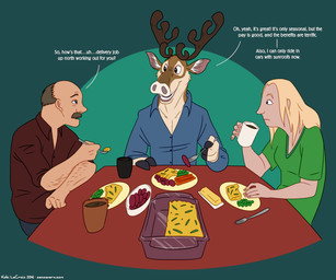 3_fingers 5_fingers anthro antlers balding beverage blonde_hair blue_eyes brown_body brown_fur brown_hair clothed clothing coffee_mug container cup cutlery dialogue facial_hair family fingers food fork frown fully_clothed fur furniture group hair holding_container holding_cup holding_object hooved_fingers hooves horn inner_ear_fluff kitchen_utensils looking_aside looking_at_another male mustache open_mouth open_smile plate rolled_up_sleeves shirt smile table text tools topwear tuft kobi_lacroix deer human mammal new_world_deer reindeer 2016 english_text