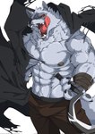 abs anthro biceps black_sclera bottomwear bulge cheek_tuft claws cloak clothed clothing crotch_tuft facial_markings facial_tuft fangs fluffy fluffy_tail fur fuzzy grey_body grey_fur grin head_markings head_tuft holding_object holding_weapon inner_ear_fluff licking licking_lips looking_at_viewer male markings mask_(marking) muscular muscular_male narrowed_eyes navel neck_tuft nipples open_mouth open_smile pants pawpads pecs pesc pubes red_eyes sickle simple_background smile solo standing tail teeth three-quarter_view tongue tongue_out topless torn_clothing tuft vein veiny_muscles weapon white_background wraps wrist_wraps tcpvagqnblkboji dreamworks puss_in_boots_(franchise) death_(puss_in_boots) canid canine canis mammal wolf hi_res