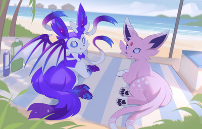 3_toes 4_toes ambiguous_gender back_wings beach blue_body blue_inner_ear blue_pawpads blue_sclera bottle claws cloud container cooler digitigrade dipstick_ears dipstick_paws dipstick_tail duo ear_markings feet feral forehead_gem forked_tail freckled_face freckles fur gem grass looking_at_viewer lying markings multicolored_body multicolored_ears multicolored_fur multicolored_tail on_ground on_side palm_tree pawpads paws pink_body pink_fur plant purple_body purple_fur purple_inner_ear purple_pawpads purple_sclera quadruped rear_view ribbons_(anatomy) sand sea smile sparkles star_(marking) tail tail_markings toes towel tree umbrella unusual_anatomy unusual_tail water white_body white_ear_tips white_fur white_markings white_tail_tip wings zoledream nintendo pokemon momo_(espeon) nebula_(royalribbonslabs) eeveelution espeon generation_2_pokemon generation_6_pokemon pokemon_(species) sylveon absurd_res hi_res male_(lore)