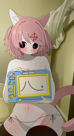 anthro anthrofied big_eyes biped blush breasts clothed clothing collarbone convenient_censorship covering covering_breasts covering_self curvy_figure detailed_background drawing_pad female female_anthro fingers fur hair holding_object kemono legwear looking_at_viewer navel navel_blush nipples pink_hair pink_tail solo string_panties tail thick_thighs thigh_blush thigh_highs topless topless_anthro topless_female underwear white_body white_fur wide_hips doremifaso64 doki_doki_literature_club! team_salvato natsuki_(doki_doki_literature_club!) domestic_cat felid feline felis mammal 2026 censored colored digital_media_(artwork) hi_res portrait shaded three-quarter_portrait