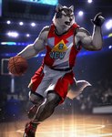 2023 amber_eyes anthro artist_name ball basketball basketball_(ball) basketball_court basketball_uniform biceps blurred_background canid canine canis clothed clothing colored countershade_arms countershade_face countershade_tail countershade_torso countershading fangs footwear fully_clothed fur gesture grey_body grey_countershading grey_fur hand_gesture hi_res kazashino male mammal multicolored_body multicolored_fur muscular muscular_male open_mouth pointing red_clothing red_footwear red_shoes shoes solo sport sportswear tail teeth two_tone_body two_tone_fur uniform white_body white_clothing white_fur wolf