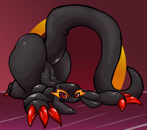 anthro ass_up big_butt big_tail black_body black_sclera breasts butt claws female glistening glistening_body huge_butt long_tail looking_at_viewer non-mammal_breasts nude nude_anthro pose red_claws red_eyes simple_background solo tail thick_thighs wide_hips limetentacle reptile scalie snake 2d_animation animated animated_gif motion_tweening short_playtime