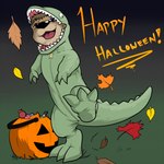 anthro blue_eyes brown_body brown_fur dinosaur_costume fallen_leaves fur happy_halloween holidays leaf male solo pandottermon halloween mammal mustelid otter 1:1 hi_res