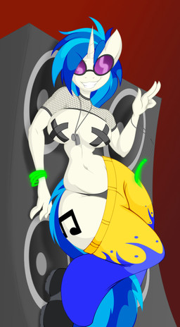 anthro anthrofied blue_hair bracelet breasts clothing eyewear female fishnet_clothing glowstick hair horn jewelry looking_at_viewer navel nipple_tape panties pasties smile solo speaker sunglasses tape thong underwear whistle_(object) wide_hipped_female wide_hips jrvanesbroek friendship_is_magic hasbro my_little_pony mythology vinyl_scratch_(mlp) equid equine mammal mythological_creature mythological_equine unicorn 2016 hi_res