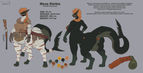 animal_genitalia animal_penis anthro big_breasts big_butt big_penis breasts butt clothing equine_genitalia equine_penis genitals gun gynomorph intersex penis ranged_weapon shotgun solo text thick_thighs uniform weapon yaramoshi_satoshi meza_kurbis_(yaramoshi_satoshi) aquatic fish fish_taur shark shark_taur taur absurd_res english_text hi_res model_sheet