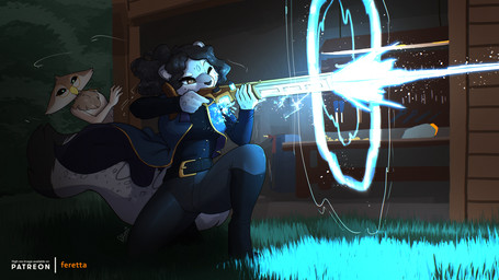 belt black_hair brown_body brown_eyes brown_fur cigarette_holder eyewear female firing_weapon fur glasses green_eyes grey_body grey_fur gun gunshot hair ranged_weapon rifle weapon workshop feretta arietta_lyn sha_vida avian barn_owl bird felid mammal owl pantherine snow_leopard tyto tytonid 16:9 hi_res widescreen