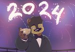 anthro biped bow_tie claws clothing container cup drinking_glass fireworks glass glass_container glass_cup hair looking_at_viewer male night outside short_hair solo suit toasting peculiart leonardo_dicaprio_toasting new_year_2024 the_great_gatsby p.bear bear mammal sun_bear ursine 2024 hi_res