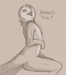 ambiguous_gender anthro beak dialogue eyebrows feathers fingers nude open_mouth sitting solo tail tail_feathers text tongue tuke avian bird owl 2018 english_text monochrome sketch