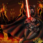 anthro breasts cape clothing female fur genitals grey_body grey_fur grin holding_object holding_weapon hood lava lightsaber melee_weapon mostly_nude nipples pussy red_lightsaber sith smile solo text volcano weapon saphine star_wars alien alien_humanoid amaran canid canine fox humanoid mammal 1:1 2016 aurebesh_text character_cipher hi_res portrait three-quarter_portrait