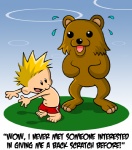 anthro bodily_fluids clothed clothing dialogue duo imminent_rape male sweat swimwear text topless unknown_artist calvin_and_hobbes calvin_(calvin_and_hobbes) pedobear bear human mammal english_text meme