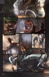 alectorfencer anthro blood blood_from_wound bodily_fluids breasts canid canine canis coyote dragon duo female hair hi_res long_hair mammal myre mythological_creature mythological_scalie mythology red_hair scalie tired town varug wounded