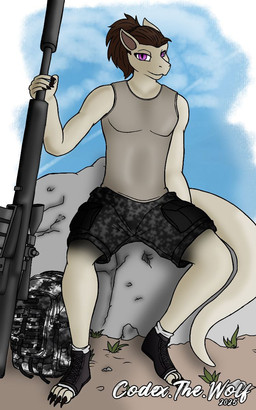 anthro backpack bottomwear brown_hair camo camo_bottomwear camo_clothing camo_print clothed clothing day detailed_background footwear furgonomic_footwear furgonomics gun hair holding_gun holding_object holding_ranged_weapon holding_weapon male outside pattern_bottomwear pattern_clothing purple_eyes ranged_weapon rifle rock scope shirt shoes shorts sitting sniper_rifle solo tank_top toeless_footwear toeless_shoes topwear weapon codex_the_wolf project_silverfish inheritor lizard reptile scalie 2025 5:8 hi_res signature