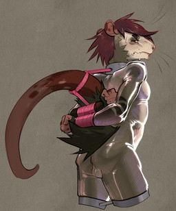 anthro ball_squish balls bdsm bodily_fluids bondage bound clothing collar fist florian_(xonn) freckles furrowed_eyebrows genitals glistening glistening_body latex latex_clothing latex_skinsuit looking_back male restrained restraints skinsuit solo spreader_bar squish sweat tail tail_tied tight_clothing whiskers xonn american_opossum mammal marsupial virginia_opossum