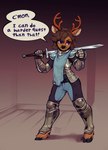 anthro antlers armor brown_body brown_fur brown_hair dialogue fur hair holding_melee_weapon holding_object holding_sword holding_weapon hooves horn male melee_weapon pauldron purple_eyes smile solo sword text weapon bestfriendforever virgil_(virgil_deer) deer mammal digital_media_(artwork) english_text hi_res