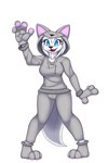 anthro big_breasts big_tail blue_eyes breasts clothing disguise female fluffy fluffy_tail front_view fur grey_clothing hair looking_at_viewer pawpads pink_pawpads smile solo sweatshirt tail tongue topwear white_body white_fur white_hair wolf_ears twtr luna_the_wolf canid canine canis mammal wolf 2:3 absurd_res hi_res