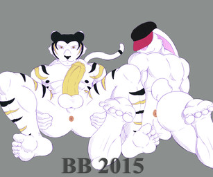 anthro anus athletic backsack balls biceps big_muscles black_markings butt clothing duo erection flexing foreskin fur genitals grey_background grin hat headgear headwear humanoid_genitalia humanoid_penis male markings mature_anthro mature_male muscular muscular_male nude partially_retracted_foreskin penis simple_background smile striped_body striped_fur stripes trucker white_body year blackbear kazublaze arik_sabertooth ralph_c._rabbit felid lagomorph leporid mammal pantherine rabbit tiger 2015 digital_media_(artwork)