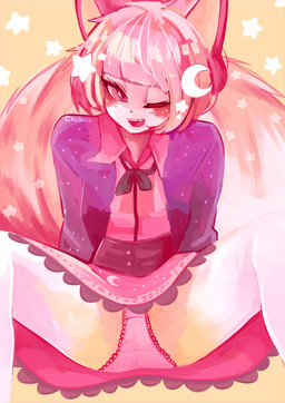 abstract_background anthro bottomwear clothed clothing dress female fully_clothed hair one_eye_closed open_mouth open_smile panties pink_bottomwear pink_clothing pink_hair pink_topwear purple_clothing purple_topwear smile solo spread_legs spreading star topwear underwear upskirt wink chibi-chiaki chokico domestic_cat felid feline felis mammal 2015 digital_media_(artwork) signature