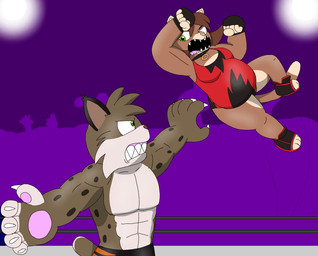 anthro audience claws duo elbow_drop female fight fighting_ring group male muscular muscular_male open_mouth overweight overweight_female sharp_teeth teeth wrestler wrestling wrestling_match monterrioashmore paww:_feline_fatale kazecat_(character) monica_willards domestic_cat felid feline felis lynx mammal hi_res