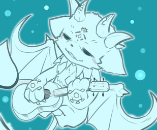 ambiguous_gender anthro biped blue_body blue_fur fur head_horn horn jewelry lute membrane_(anatomy) membranous_wings musical_instrument necklace necklace_only nude playing_music plucked_string_instrument semi-anthro solo spade_tail string_instrument tail wings oribiyo nijisanji vtuber debidebi_debiru demon blue_theme cool_colors teal_theme