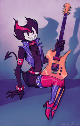 armband belt black_body black_fur black_hair boots chain_necklace clothed clothing collar dot_eyes electric_guitar femboy footwear fur grey_body grey_skin grin guitar hair high_heeled_boots high_heels highlights_(coloring) jewelry legwear male musical_instrument necklace open_clothing open_topwear open_vest plucked_string_instrument red_highlights sharp_teeth shoes simple_eyes smile solo spade_tail spiked_armband spiked_collar spikes string_instrument tail teeth thigh_boots thigh_highs thong_straps topwear vest naughtyjester bendy_and_the_ink_machine bendy_the_dancing_demon demon demon_humanoid humanoid 2022 absurd_res hi_res