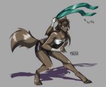 anthro bottomwear brown_body brown_fur chest_wraps clothed clothing female fur grey_background heterochromia holding_clothing holding_object looking_at_viewer pants shorts simple_background smile solo wraps wrist_wraps purplelemons twokinds natani canid canine canis mammal wolf 2020 digital_media_(artwork) shaded