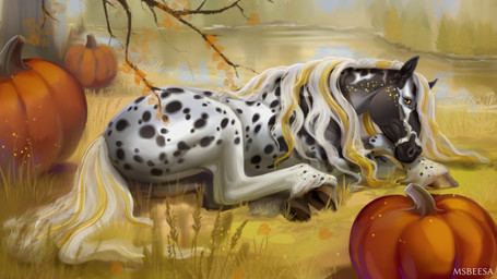 ambiguous_feral ambiguous_gender autumn brown_body brown_fur facial_markings feral food fruit fur fur_markings grass hair head_markings hooves laid_down laying_pose long_hair mane mane_hair markings markings_on_body markings_through_hair multicolored_body multicolored_fur multicolored_mane multicolored_tail plant pumpkin quadruped solo tail text underhoof unguligrade water wavy_hair white_body white_fur white_hair yellow_body yellow_eyes yellow_fur beesa equid equine horse mammal 16:9 2023 artist_name digital_media_(artwork) digital_painting_(artwork) hi_res painting_(artwork) signature widescreen