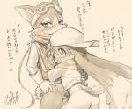 anthro blush clothing cuddling duo eyewear goggles hat headgear headwear hug male male/male nuzzling scarf simple_background text young young_anthro shaolin_bones bandai_namco klonoa_(series) guntz klonoa canid canine canis domestic_cat felid feline felis mammal wolf japanese_text translation_request