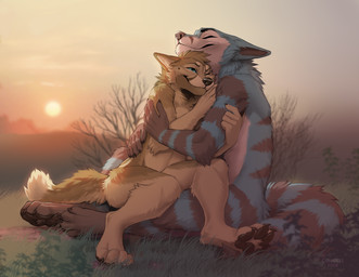 anthro black_body black_fur black_nose blue_body blue_fur brown_pawpads day detailed_background digitigrade duo eyes_closed fluffy_paws fur grass grey_nose male nude outside pawpads plant romantic romantic_couple sky smile sun tan_body tan_fur kero_tzuki canid canine canis coyote mammal 2018 digital_media_(artwork)