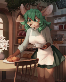 anthro antlers blep bread breasts chair clothed clothed_anthro clothed_female clothing croissant detailed_background female flower food fully_clothed fully_clothed_anthro fully_clothed_female furniture green_eyes green_hair hair holding_object holding_plate horn inner_ear_fluff inside pastry plant plate solo standing tongue tongue_out tuft window unluckymireille danae_(character) deer mammal 2025 absurd_res digital_media_(artwork) hi_res