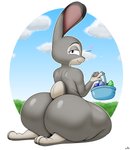 anthro big_butt butt easter_egg female fur grey_body grey_fur heart_symbol holidays huge_butt kneeling looking_at_viewer looking_back nude purple_eyes solo thick_thighs xmetalhusky disney easter zootopia judy_hopps lagomorph leporid mammal rabbit 2021 absurd_res hi_res