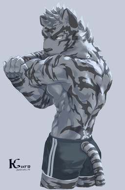 5_fingers anthro biped black_ears black_stripes bottomwear clothed clothed_anthro clothed_male clothing facial_markings fingers furgonomic_bottomwear furgonomics furrowed_eyebrows green_bottomwear green_clothing green_shorts grey_background grey_body grey_eyes grey_hair hair head_markings looking_aside male markings monotone_body mouth_closed muscular muscular_anthro muscular_male pose rear_view shorts shorts_only simple_background snout solo striped_arms striped_back striped_face striped_legs striped_markings striped_tail stripes tail tail_markings text topless topless_anthro topless_male white_bottomwear white_clothing white_shorts kuromonsart felid mammal pantherine tiger 2022 artist_name colored dated digital_media_(artwork) digital_painting_(artwork) english_text hi_res painting_(artwork) portrait three-quarter_portrait