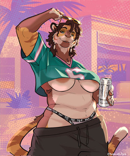 anthro areola areola_slip belly beverage_can bottomwear breasts clothing crop_top eyewear eyewear_on_head female fur monster_energy_can orange_body orange_fur pants pose shirt slightly_chubby slightly_chubby_anthro slightly_chubby_female solo sunglasses sunglasses_on_head sweatpants thong_straps topwear under_boob wearing_sunglasses whiskers ramaelligre gta_vi_cover_girl monster_energy felid hybrid liger mammal pantherine hi_res pinup