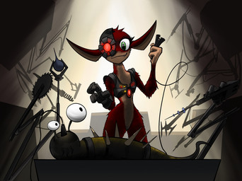 ambiguous_gender anthro biped countershade_torso countershading cybernetic_arm cybernetic_eye cybernetic_limb cybernetics detailed_background duo eyelashes eyestalks feral fur green_eyes limbless looking_at_another machine operating_table red_body red_fur spikes spikes_(anatomy) yellow_body c-yo electronic_arts maxis_(ea) spore_(game) alien batzu grox_(spore) 2022 digital_drawing_(artwork) digital_media_(artwork) hi_res
