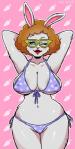 anthro areola big_breasts bikini blush breasts clothed clothing eyewear female fur glasses green_eyes hair hands_behind_head huge_breasts looking_at_viewer mature_anthro mature_female navel nipple_outline one_eye_closed red_hair simple_background skimpy smile solo standing swimwear thick_thighs two-piece_swimsuit wink sin_bruh arthur_(series) pbs bitzi_baxter lagomorph leporid mammal rabbit 2019 digital_media_(artwork) hi_res