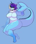 2019 anthro aurora_(nyanoraptor) big_breasts blue_background breasts butt digital_media_(artwork) eeveelution featureless_breasts feet female generation_1_pokemon hair hand_on_tail hi_res horn long_tail looking_at_viewer nintendo nude paws pokemon pokemon_(species) purple_hair satanickpaws simple_background solo tail thick_thighs vaporeon