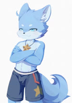 :3 ahoge anthro athletic blinking blue_body blue_bottomwear blue_clothing blue_eyes blue_fur blue_shorts blue_tail bottomwear bulge cheek_tuft clothing countershading facial_tuft fluffy fur glistening glistening_eyes hair hands_crossed inner_ear_fluff kemono male multicolored_body navel shorts shota solo standing star star_necklace tail triangle_nose tuft two_tone_body v-cut young young_anthro lio29227541 canid canine fox mammal 2020 animated no_sound short_playtime webm